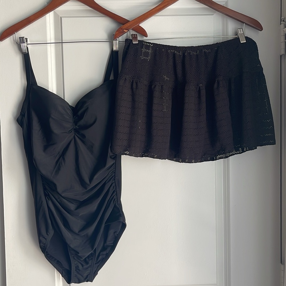 NWT-Lands End One piece Black Tummy Control size 10-12 and NWT black Swim Skirt